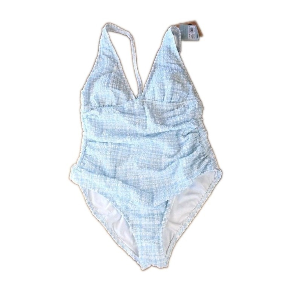 Gingham Pucker Plunge Full Coverage  Swimsuit Blue/White Size SM (628)